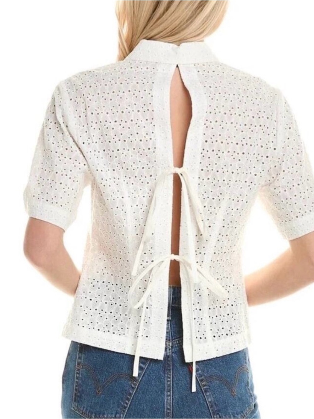 Rebecca Taylor White Eyelet Button-Front Women's Top Large back ties - Picture 5 of 6